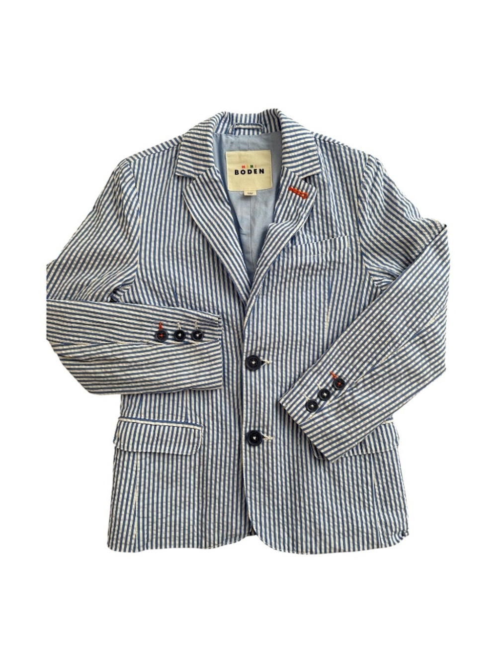 Mini Boden Boys' Blue White Striped Seersucker blazer Size 7-8Y Preppy Boden Kid